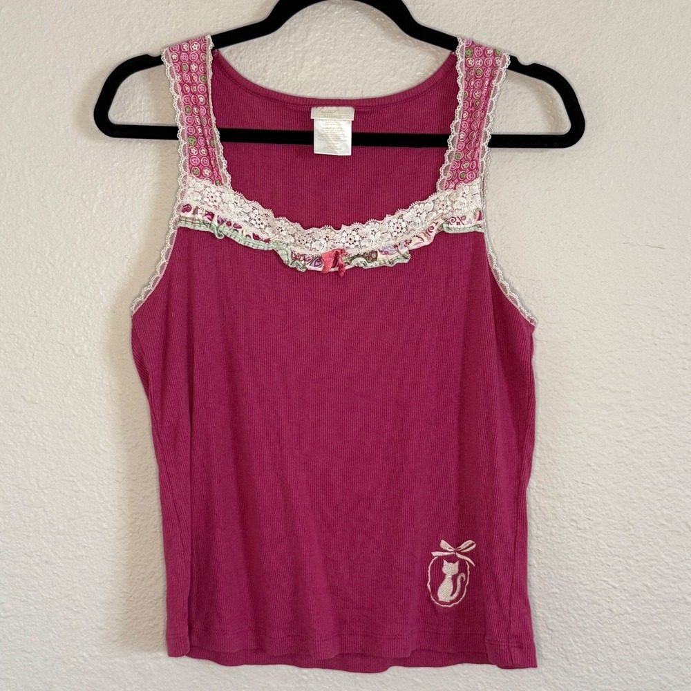 Secret Treasures Large Pink‎ Soft Girl Dainty Coquette Ribbed Tank Bow Lace Trim